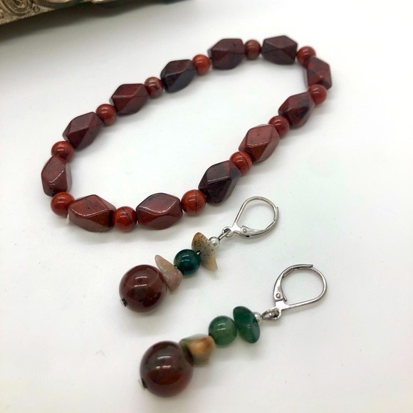 Vintage Tumbled Jasper Stone Bracelet & Earrings - Picture 7 of 13